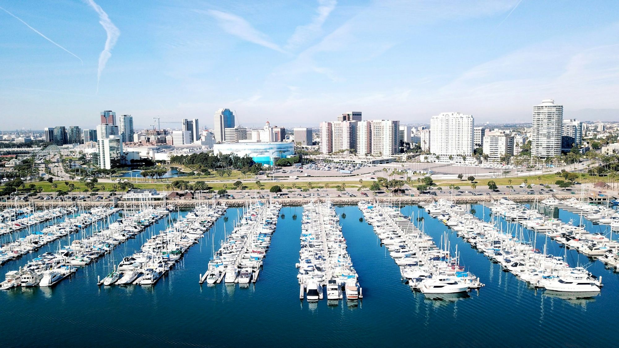 Aerial view of a marina with numerous boats docked in neat rows, calm blue water, and a city skyline with mid-rise buildings in the background.