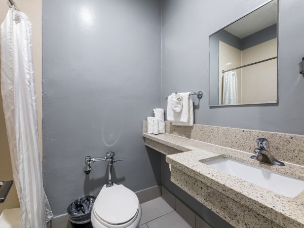 A modern bathroom with a grey wall, a long speckled granite countertop, a single sink, mirror, towel rack, toilet, and a shower with a white curtain, all neat and compact.