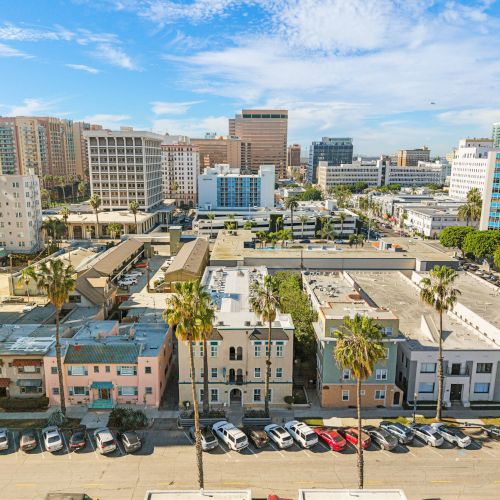 A sunny cityscape with mid-rise buildings, palm trees lining a row of pastel houses, and a street full of parked cars under blue skies.