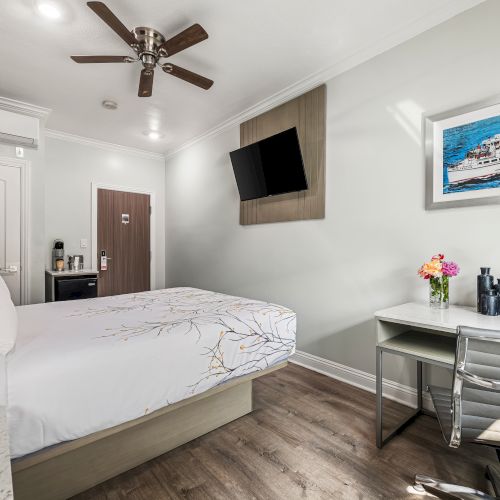 Cozy hotel room with a queen bed, desk and chair, wall-mounted TV, ceiling fan, mini fridge area, and a framed seaside picture; bright, clean, modern.