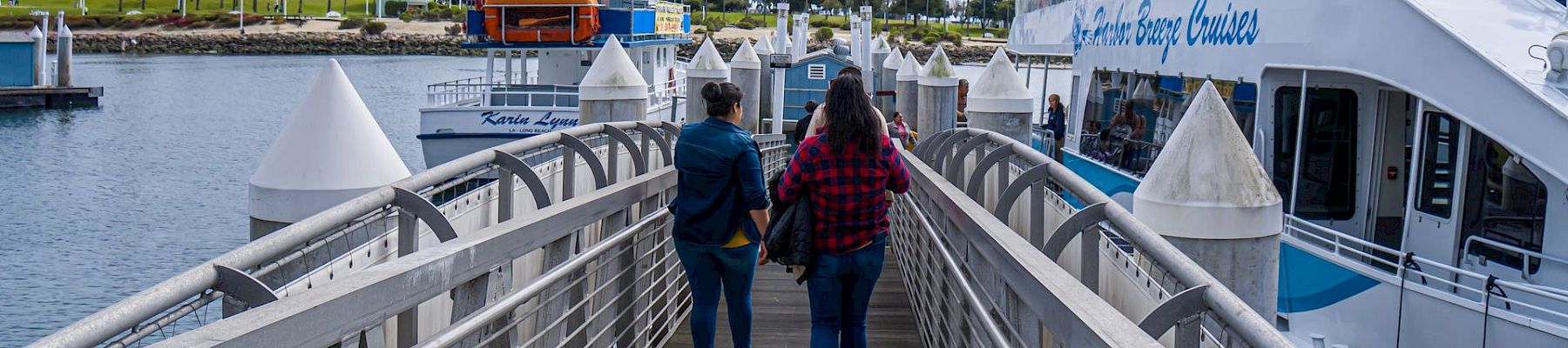 Passengers walk on a cruise ship gangway as a docked boat rests by a palm-lined waterfront under cloudy skies.
