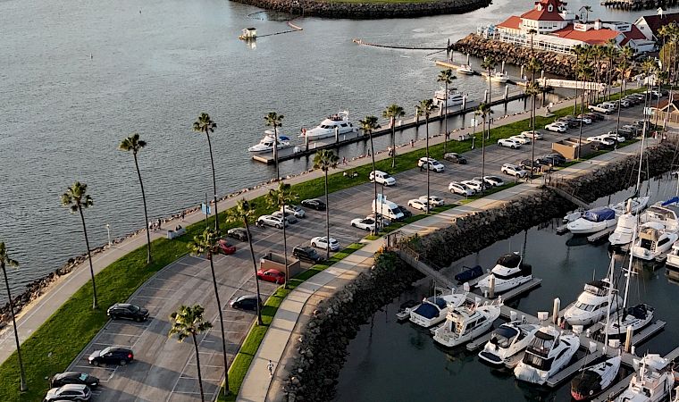 A riverside marina with yachts, a curved seawall, palm-lined roads, and high-rise skyline under a cloudy sky.